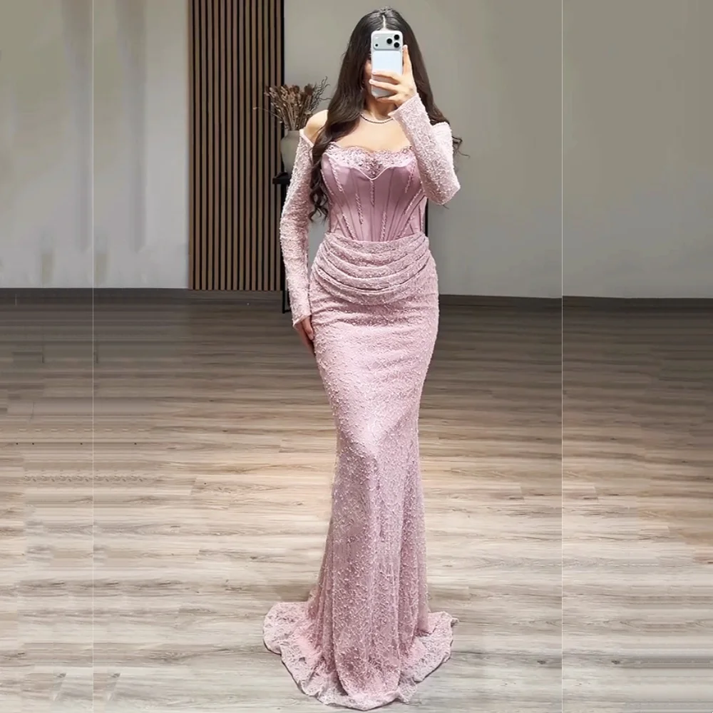 Maßgeschneiderte luxuriöse Spitzen-Abendkleider für Damen, schulterfrei, bodenlang, exquisites Partykleid, formell für Bankette