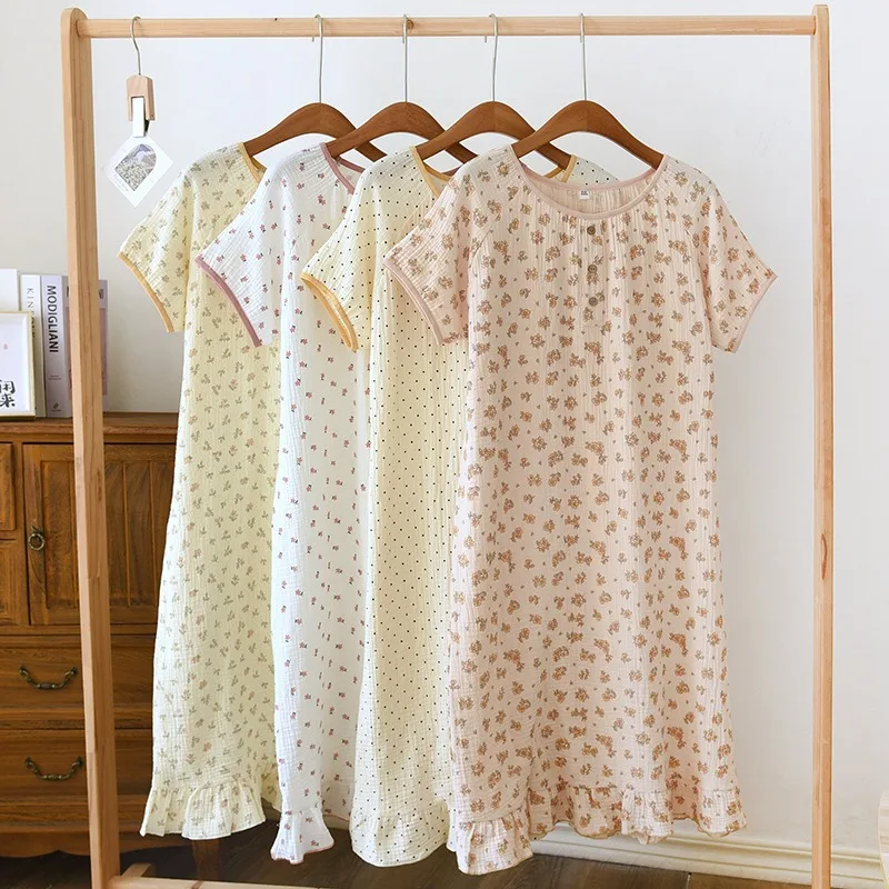 Fresh Simple Sweet Night Dress Women 100% Cotton Crepe Short Sleeve Indoor Sleepwear Women Sleepdress Large Size