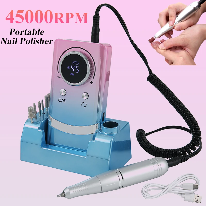 Rechargeable 45000RPM Electric Nail Drill Machine With Base Nail Gel Polish Remover Drill Set Manicure Salon Sander Low Noise