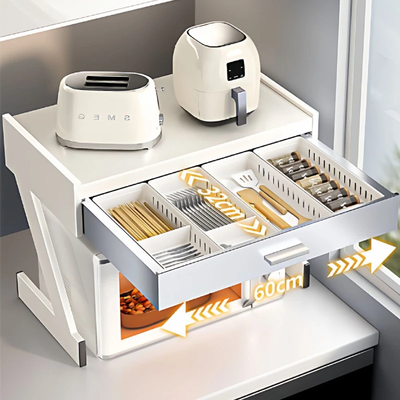 Drawer Microwave Oven Stand Multifunctional Sliding Shelf for Toaster Rice Cooker Premium Desk Organizer Modern Kitchen Rack