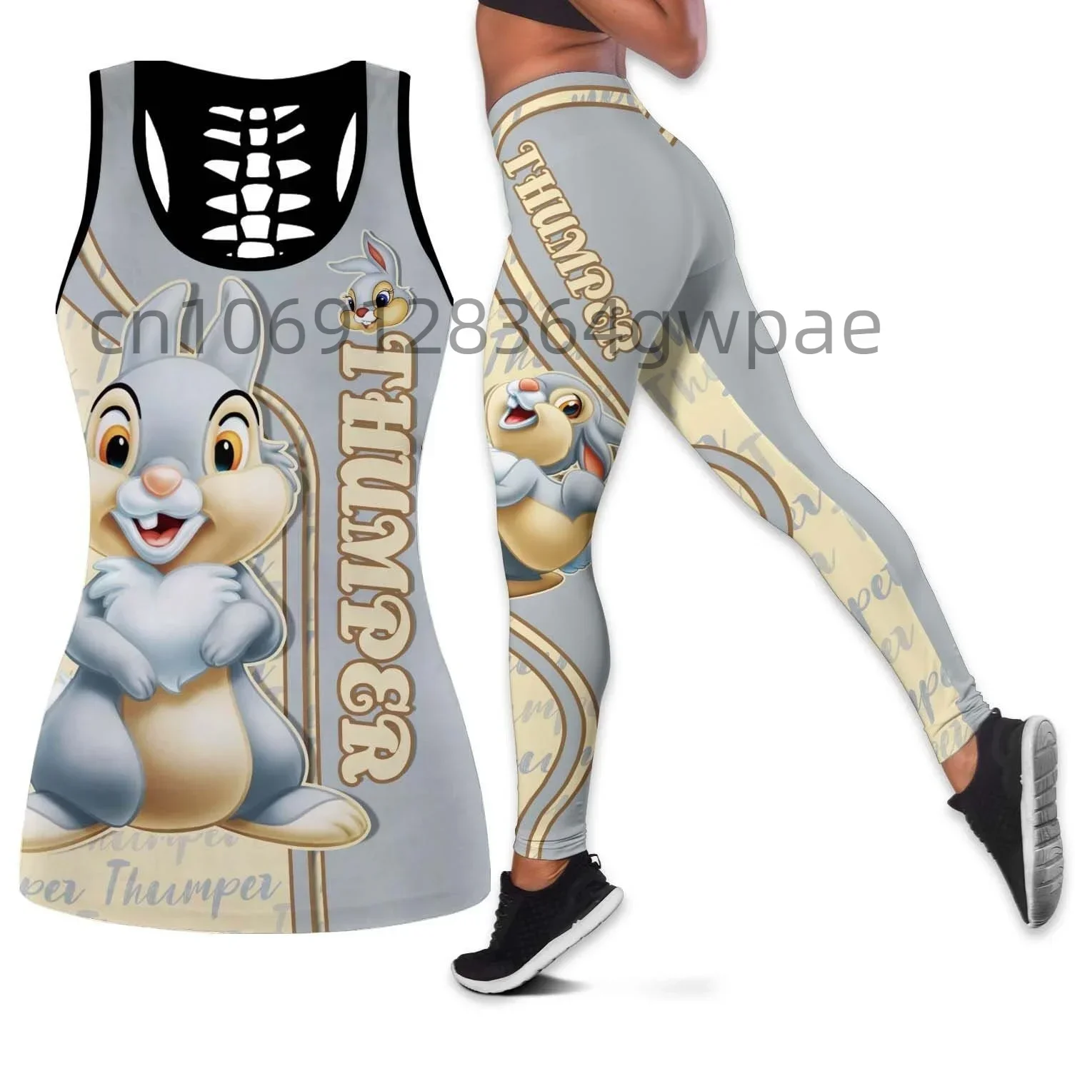 New 2024 Thumper Rabbit Bambi Cutout Tank Top Leggings Yoga Set Fitness Leggings Tracksuit Disney Hollow Tank Top Leggings Set