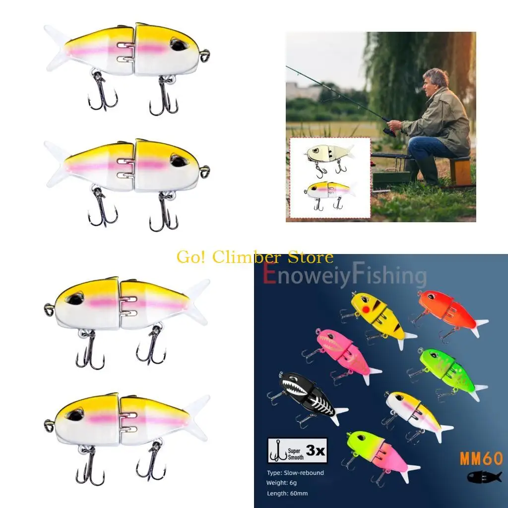 Q84C Double Treble Hook Fishing Lures for Pond and Stream Use, 60 Mm Segmented Hard Baits in a Ready 2 Piece Set for Anglers