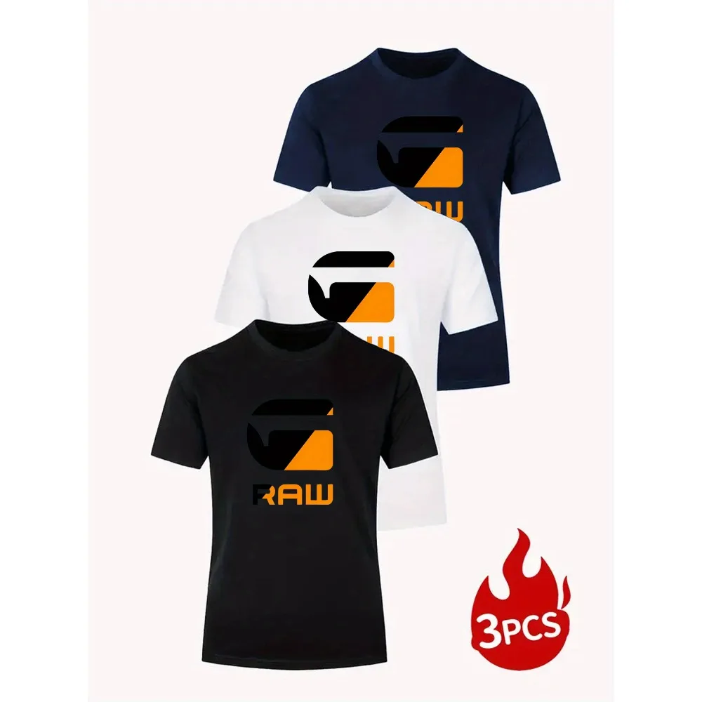 

3pcs Men's RAW Print T-Shirts - 100% Polyester Short Sleeve Round Neck Summer Tees with Texture, Casual Outdoor Wear