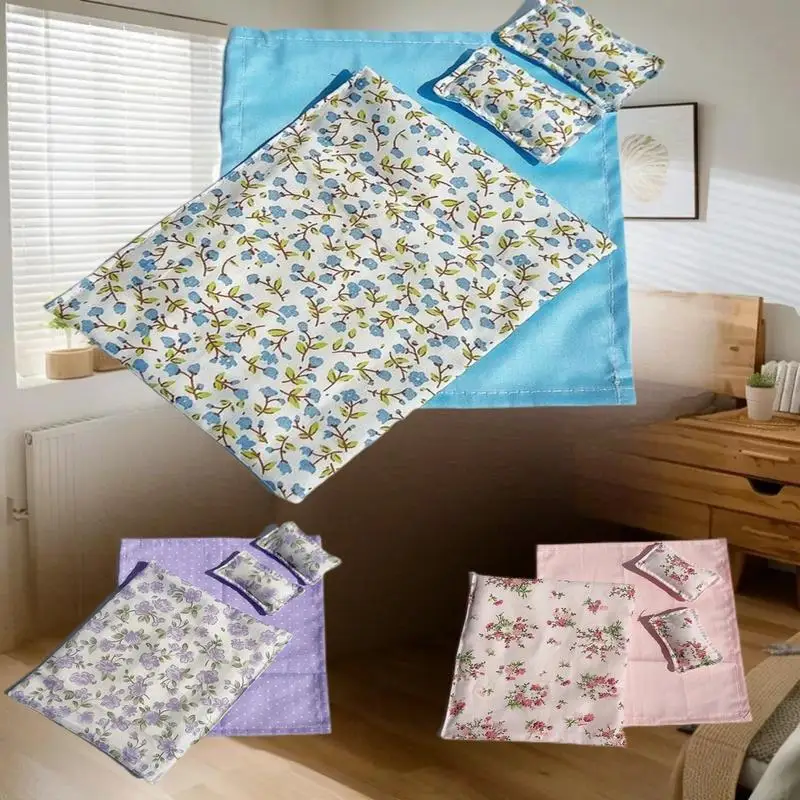 ミニチュアドールハウスベッドセット：1/12スケール用ベッド、キルト、カバー、枕