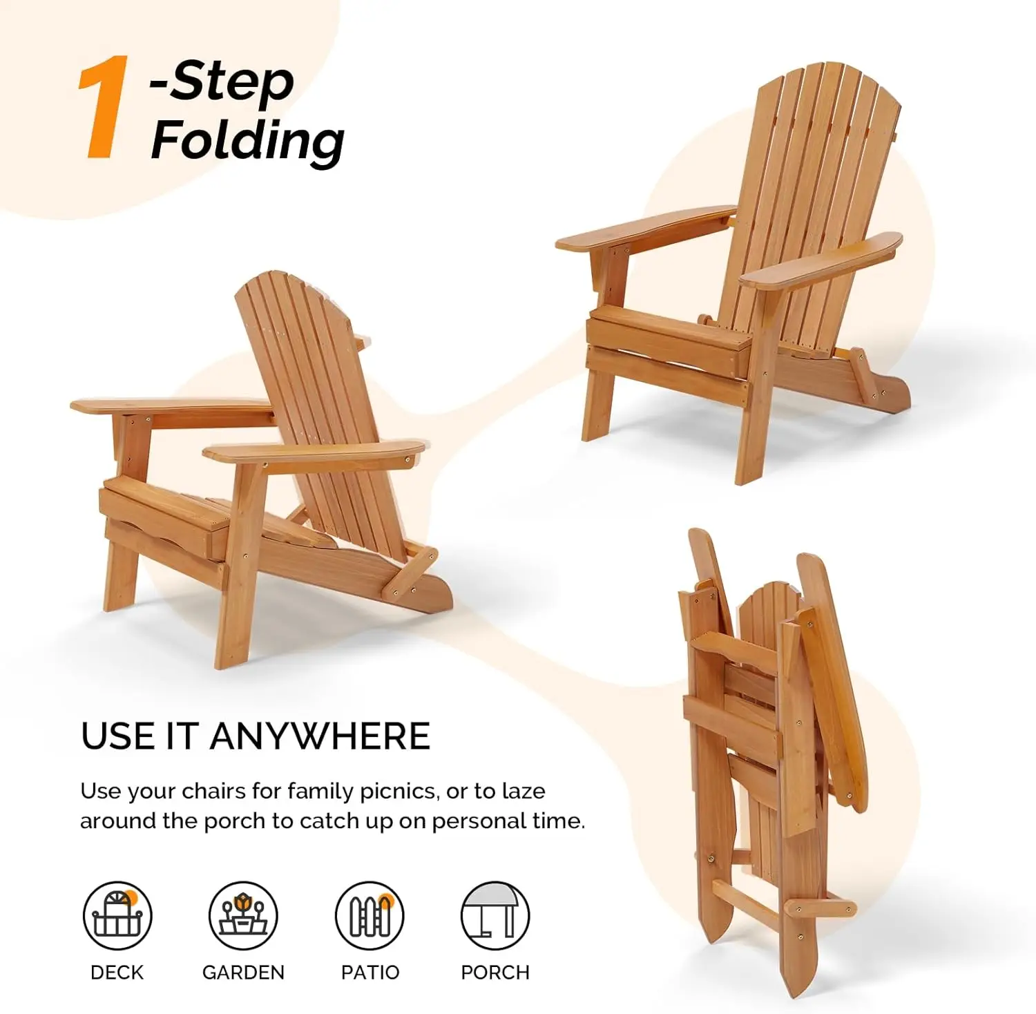 Folding Adirondack Chairs Set of 4,Wood Adirondack Chair for Outdoor, Foldable Fire Pit Chairs for Patio, BBQ, Porch, Yard, Pool image 5