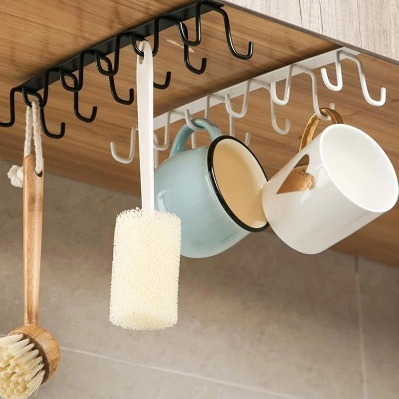 Multifunctional Double Row Storage Hook Wardrobe Cabinet Metal Shelves Punch-Free Hanging Cup Holder Kitchen Organization Tool