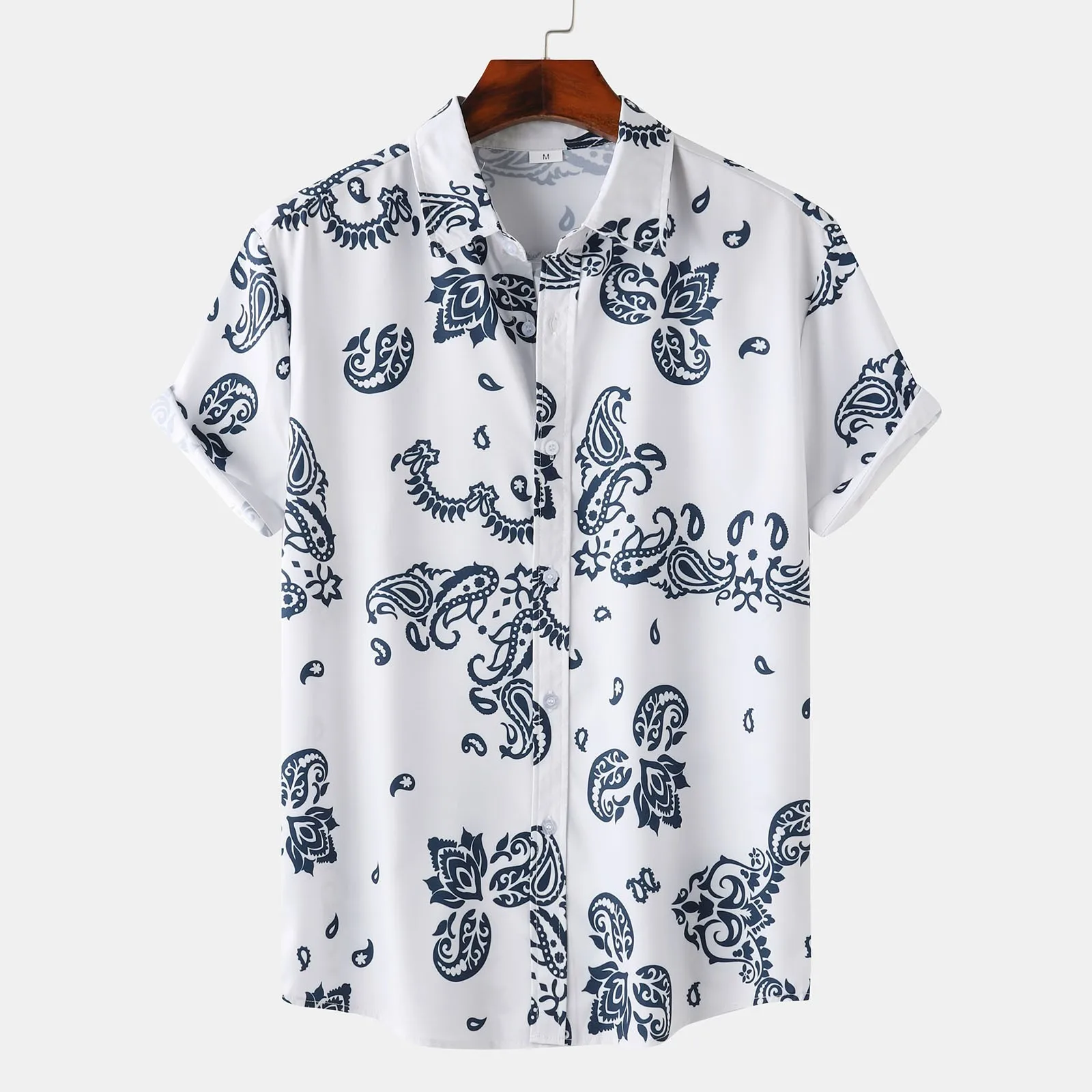American Retro Street Style Cashew Flower Full Print Men's Short Sleeved Breathable and Comfortable Casual Trendy Shirt