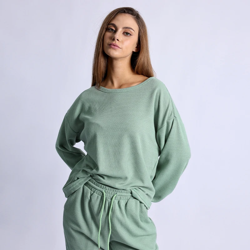 2PC Sets Women Waffle O-neck Long Sleeve Tops with High Elastic Wasit Pants Casual Loose Comfortable Outfits Homewear Suits