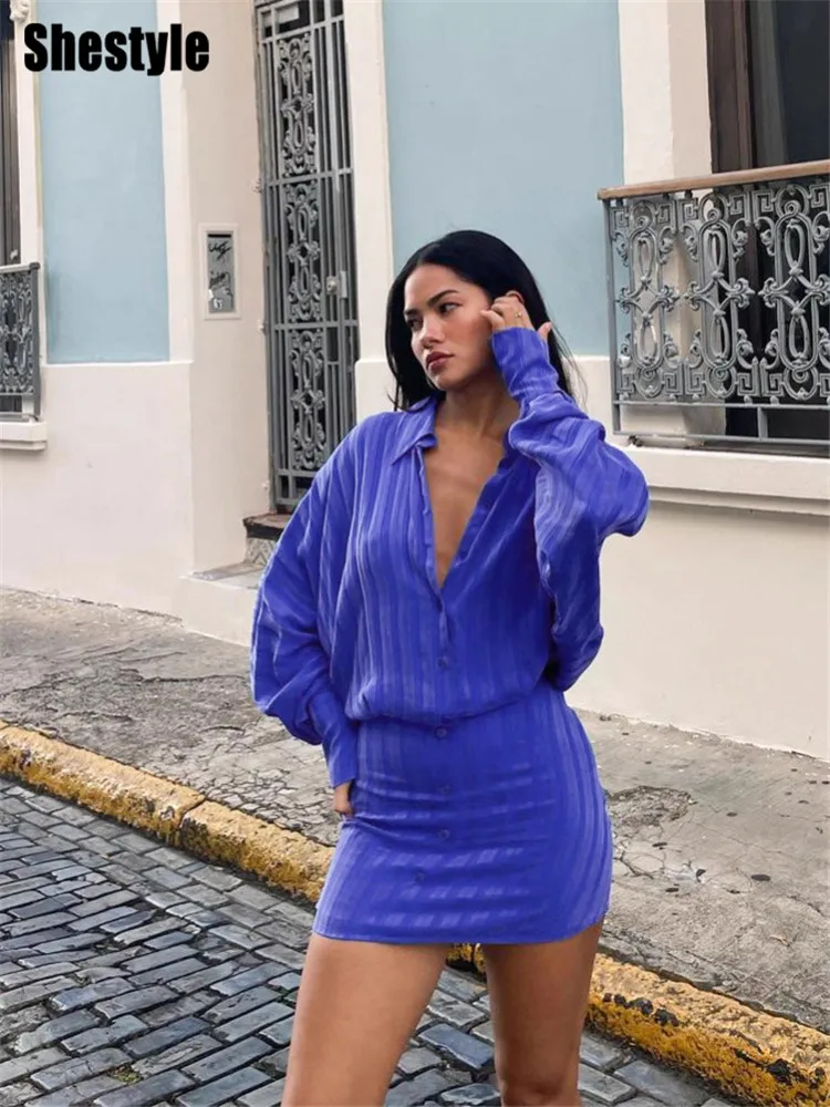 Shestyle Shirts Oversize Blue Striped Dresses Women Sheath Open Stitch Polo Collar Batwing Sleeve Fashion OL Outfit Office Lady