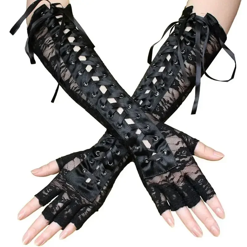 Women Sexy Floral Lace Elbow Length Half-Finger Gloves Black String Ribbon Ties Up Dance Party Fingerless Fishnet Mesh Mittens