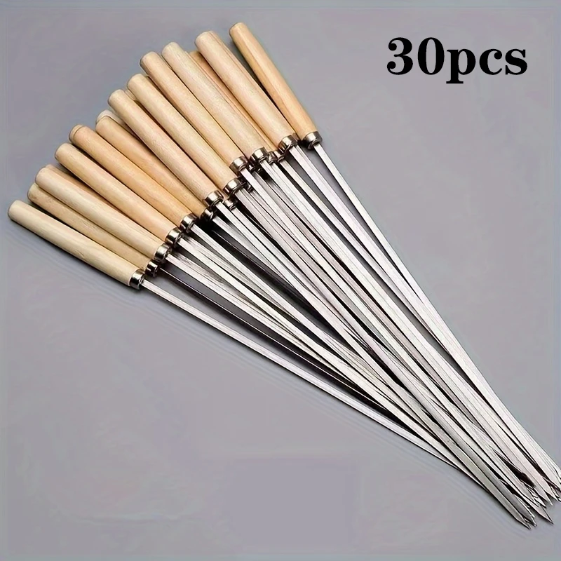 30pcs Wooden Handle Anti-Scalding Barbecue Skewers Can Be Reused 304 Stainless Steel Metal Barbecue Skewers Wide Skewers