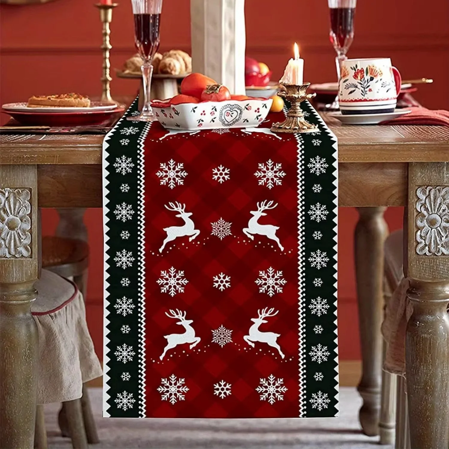 Xmas Plaid Snow Table Runner Washable Linen For Kitchen Dresser Sideboard Durable Flat Print Festival Home Decor Gift