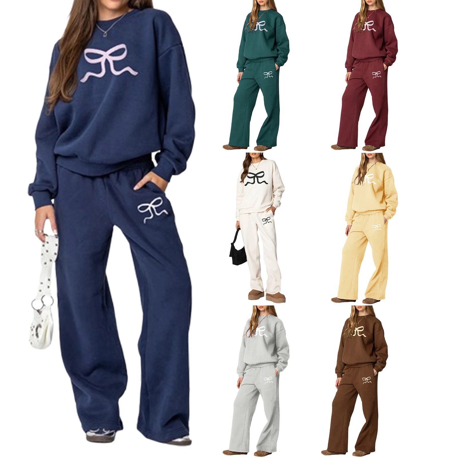 

Women's Y2K 2Piece Sporty Outfits Set Bow Print Long Sleeve Crew Neck Hoodie Pullover Tops + Elastic Waist Sweatpants