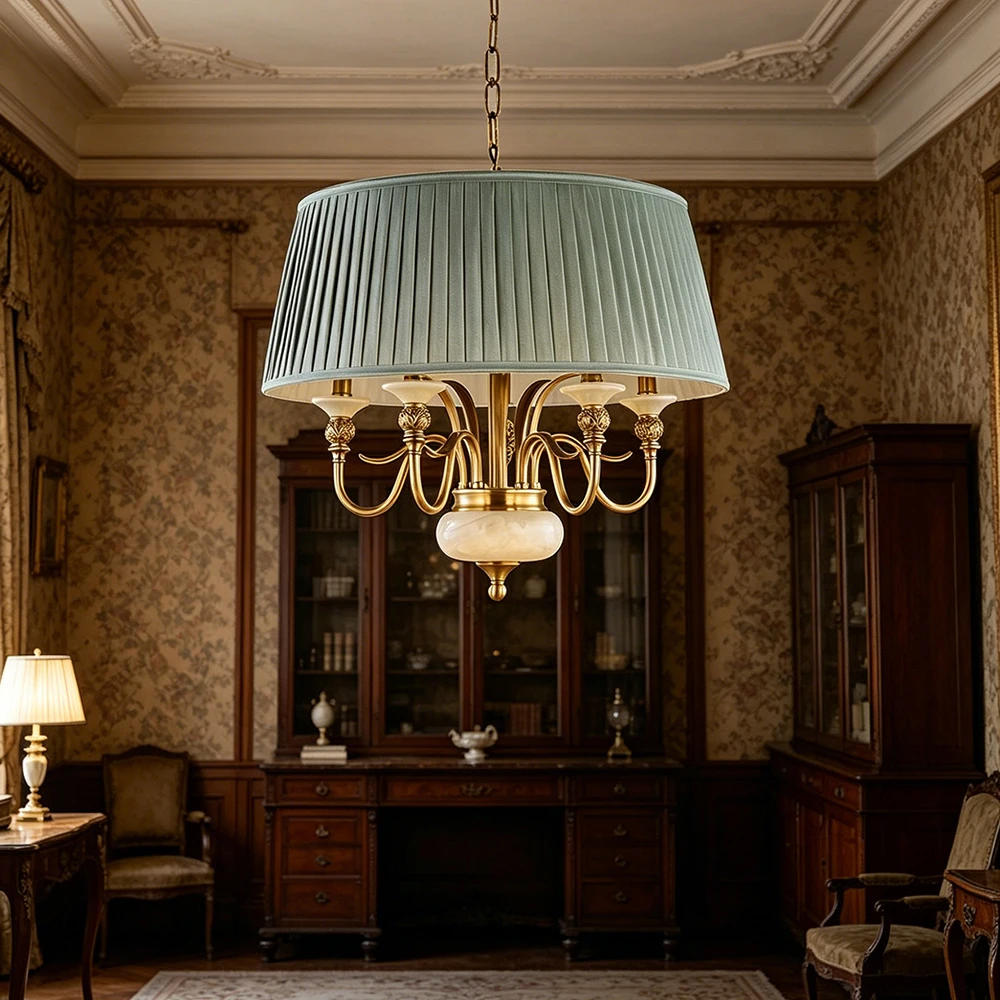 Vintage 5‑Light Brass Chandelier with Jade Accent & Pleated Fabric Shade Luxury Ceiling Lamp for Living Room Dining Room Decor