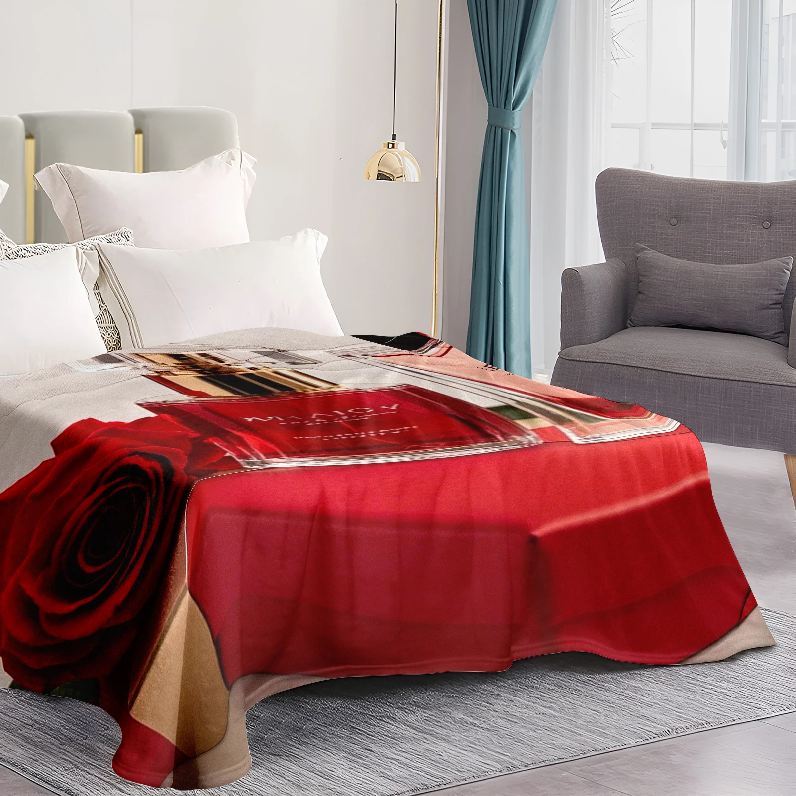 Cozy Flannel Valentine S Blanket Featuring Roses And Perfume Bottles Expressing Deep Love Between Couples