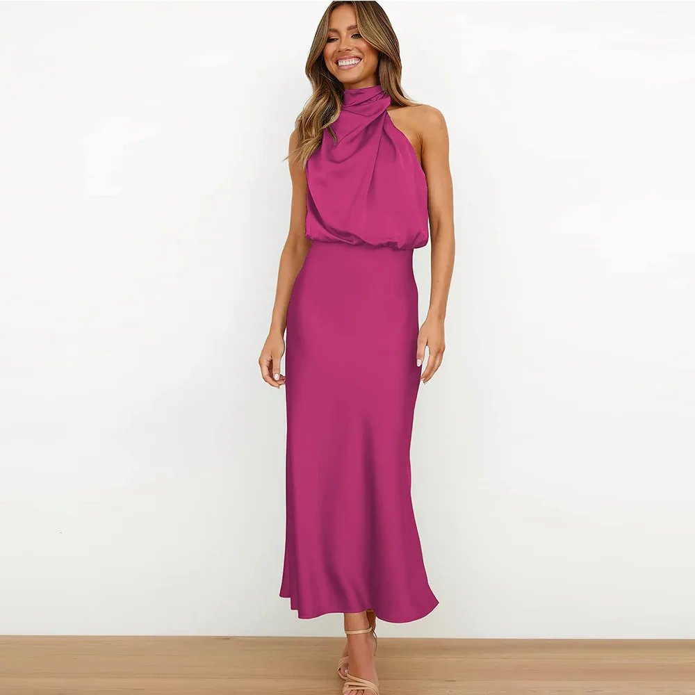 

Customized Elegant Mother of The Bride Dresses Women's Elegant Pile Collar Sleeveless Satin Celebrity Evening Party Maxi Dress