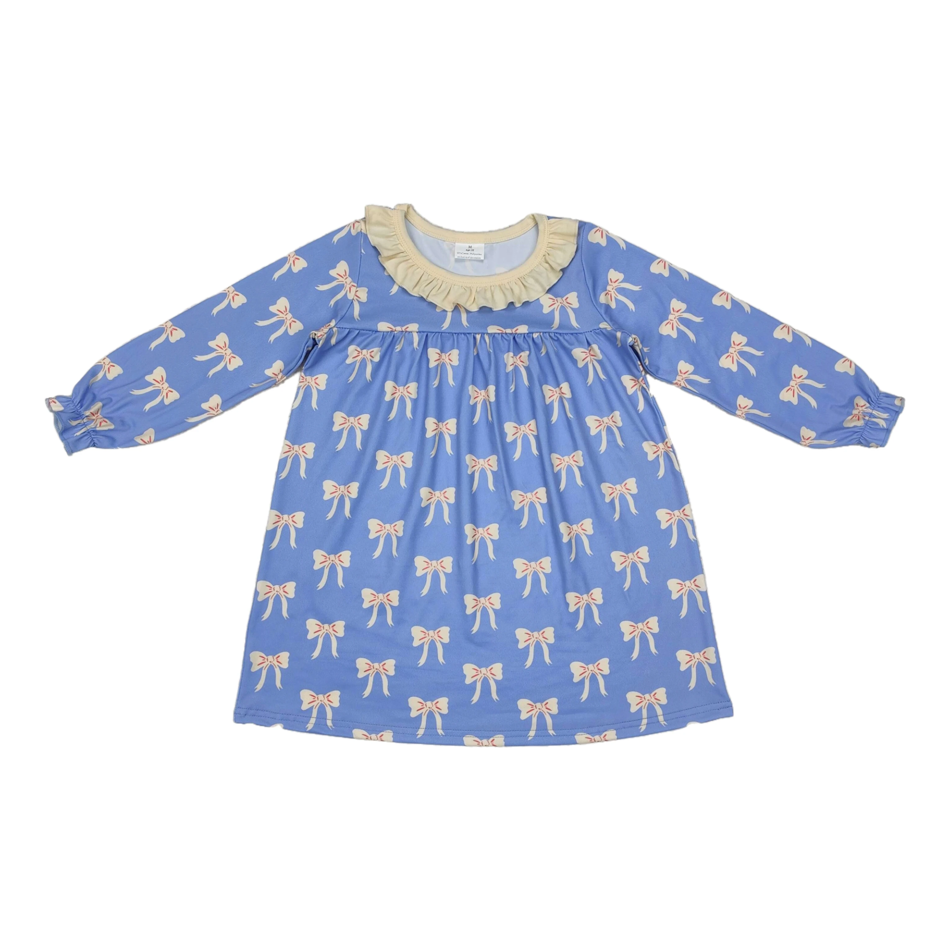 

Kids Toddler Children Long Sleeves Blue Bows Baby Girl Twirl Knee Length Dress One Piece Infant Spring Fall Clothing Wholesale