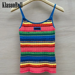 5.8 KlasonBell Letter Contrast Color Rainbow Spaghetti Strap Camis Twist Jacquard Stretch Knit Slim Classic Versatile Tank Top