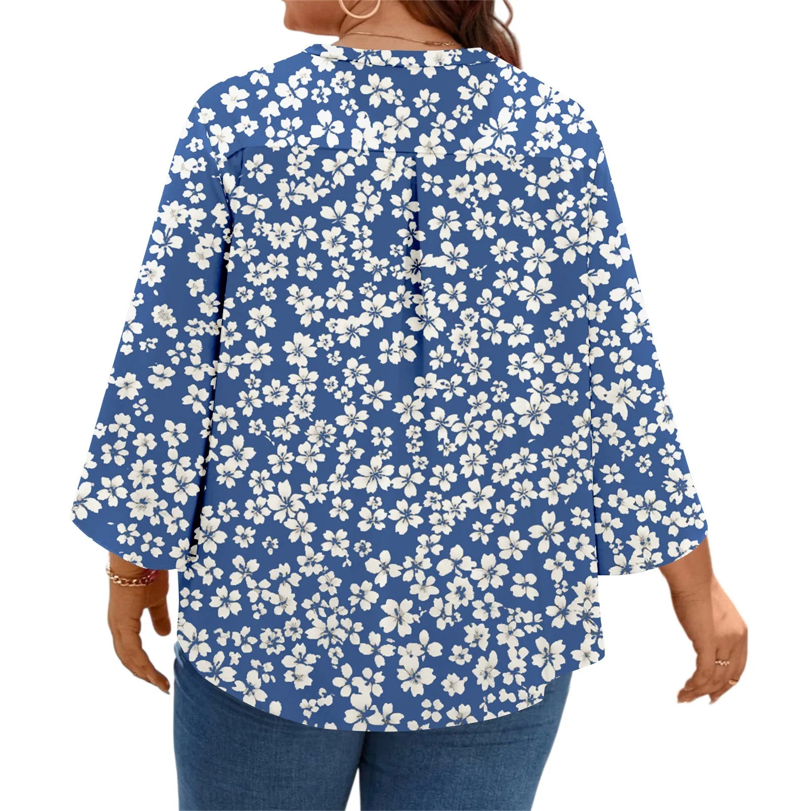 Plus size T-shirts women's fashion printed tops v-neck three-quarter sleeves t shirts spring autumn casual pullover tops