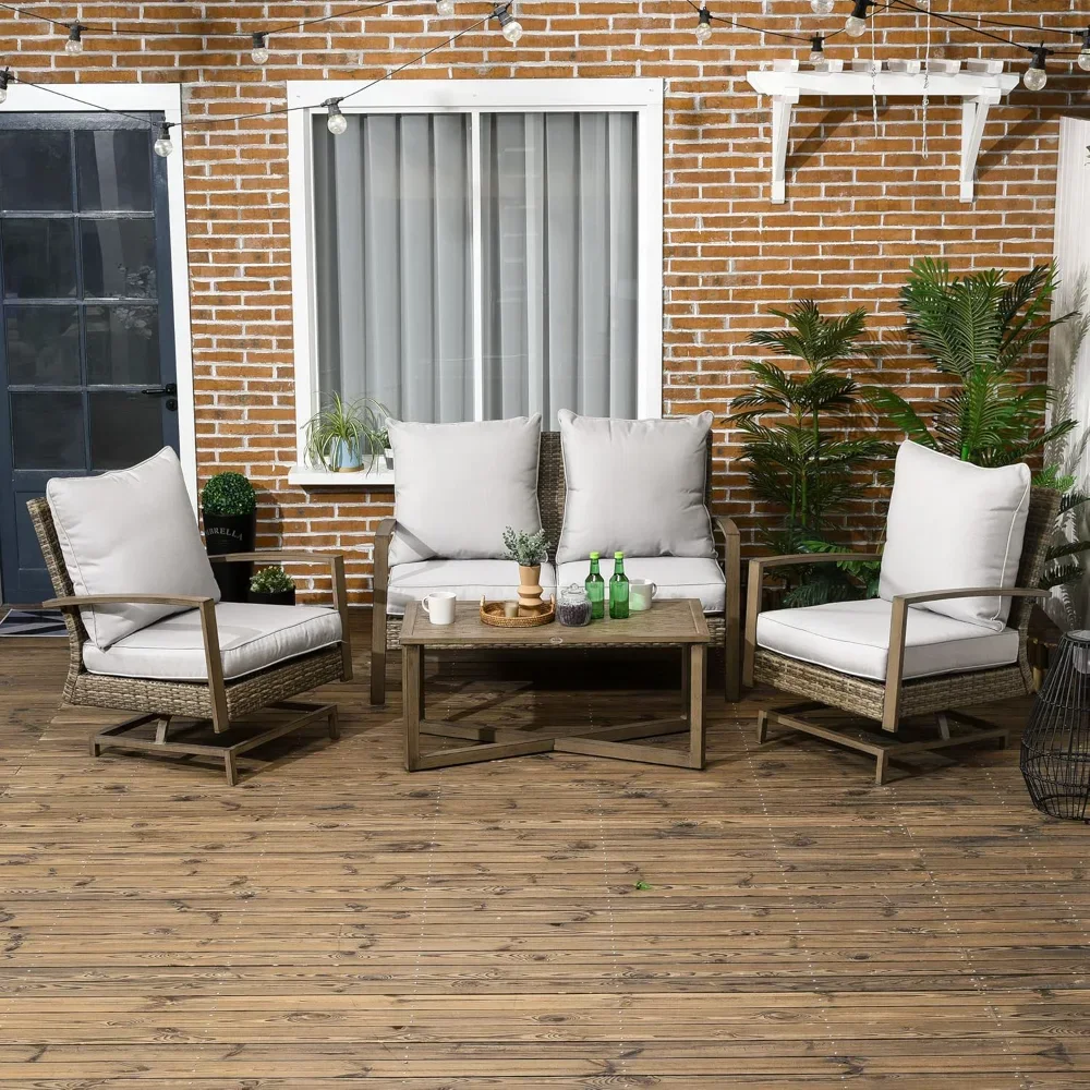 

4 Piece Wicker Patio Furniture Set with 2 Rocking Chairs, Loveseat Sofa, Outdoor PE Rattan Conversation Set with Cushions