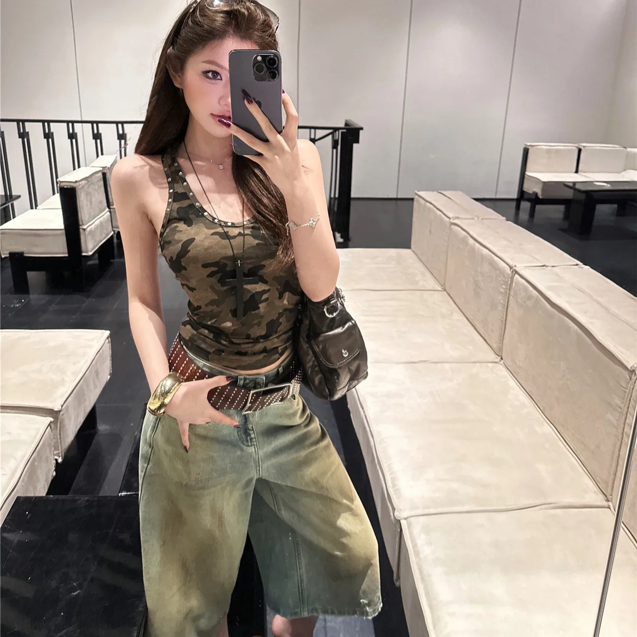 

Summer Metal Rivet Camouflage Strap Vest Short Loose Women's Denim Jeans High Waist Wide Leg Pants Casual Korean Style