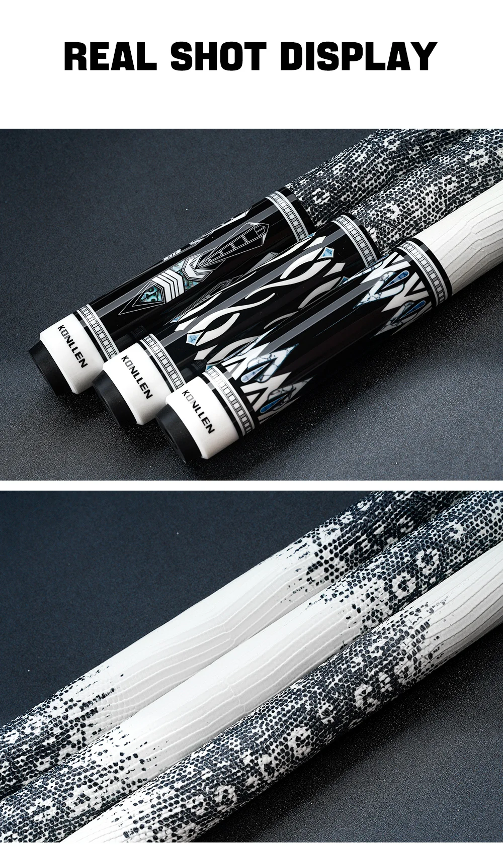 KONLLEN Dragon Pool Queue, Schaft aus hartem Ahorn, 10,5-12,5 mm, mehrschichtige Spitze, 3/8x8 XTC Griff aus Rindsleder, 58 Zoll, 19-20 Unzen – Detail 15