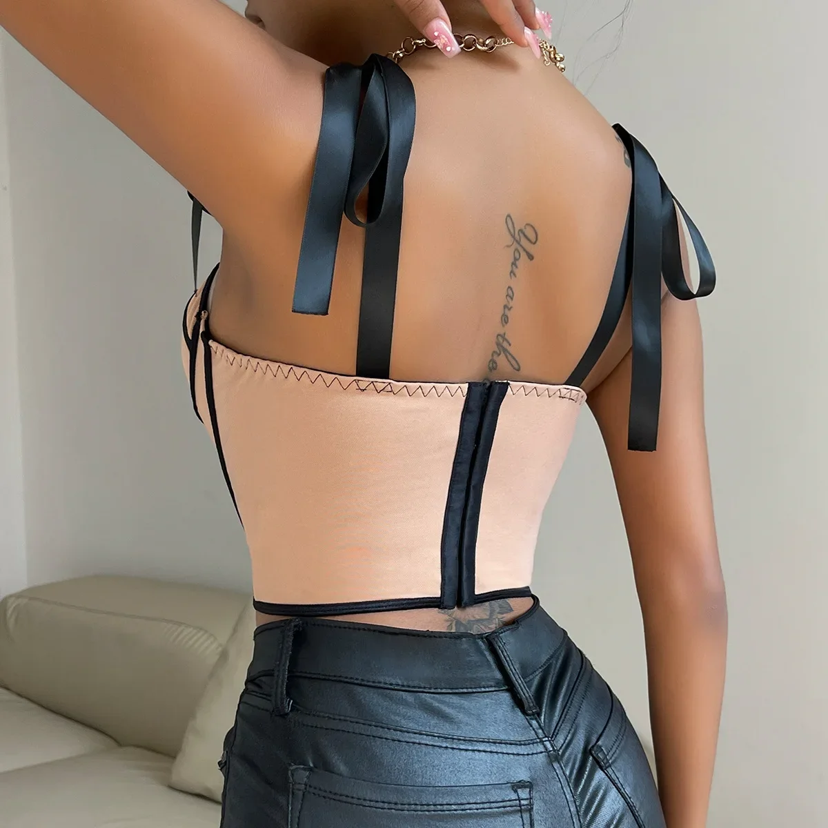 2024 New Fashion Bandage Camisoles Women Sexy Lace-up Corset Female Backless Tunics Crop Tops Night Club Streetwear Pink Apricot