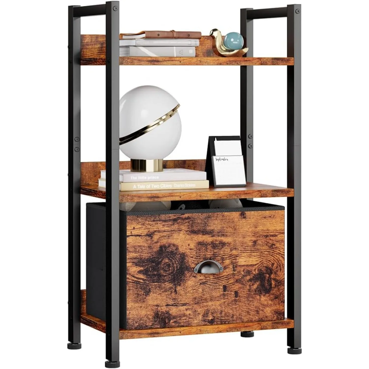 

3 Tier Bookshelf with Drawer, Small Bookcase with Shelves, Short Wood and Metal Bookshelf Storage Organizer, Industrial ,