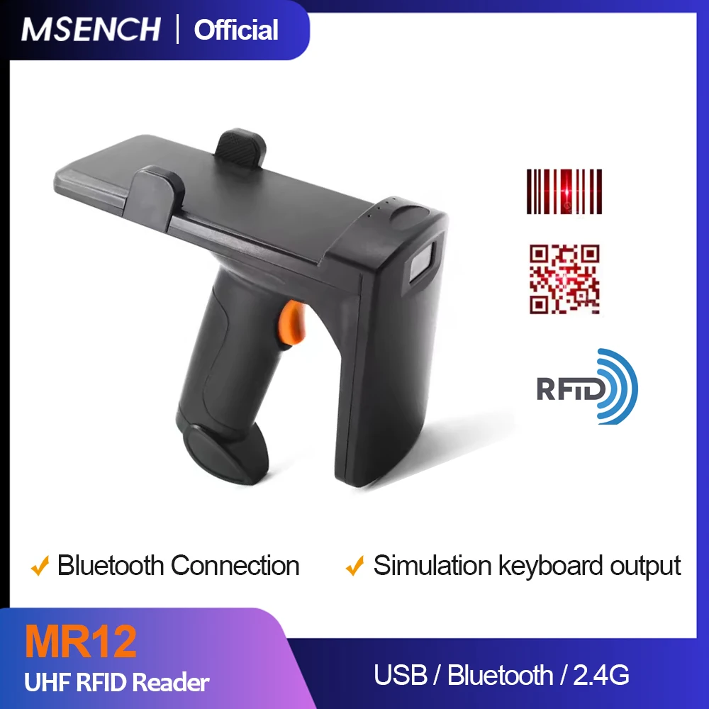 MR12 portátil UHF RFID teclado emulador USB Bluetooth RFID etiqueta adhesiva 1D 2D escáner de código UHF RFID lector de mano