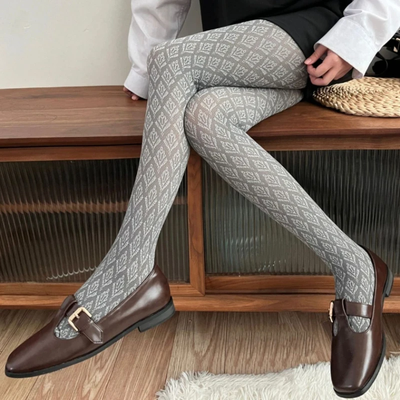 Retro Jacquard Diamond Pattern Tights Women Vintage Colorblock Pantyhose Stretchy Slimming Warm Hosiery Autumn Winter Basics