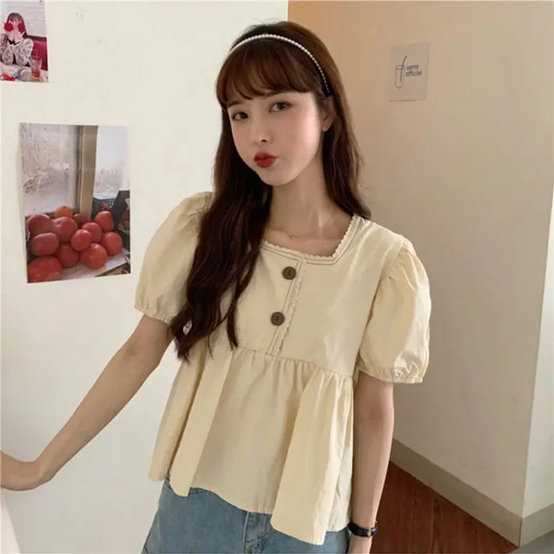 Babados camisas e blusas coreia puff manga curta topo feminino 2024 verão botão doce blusas bonito elegante sólido branco roupas