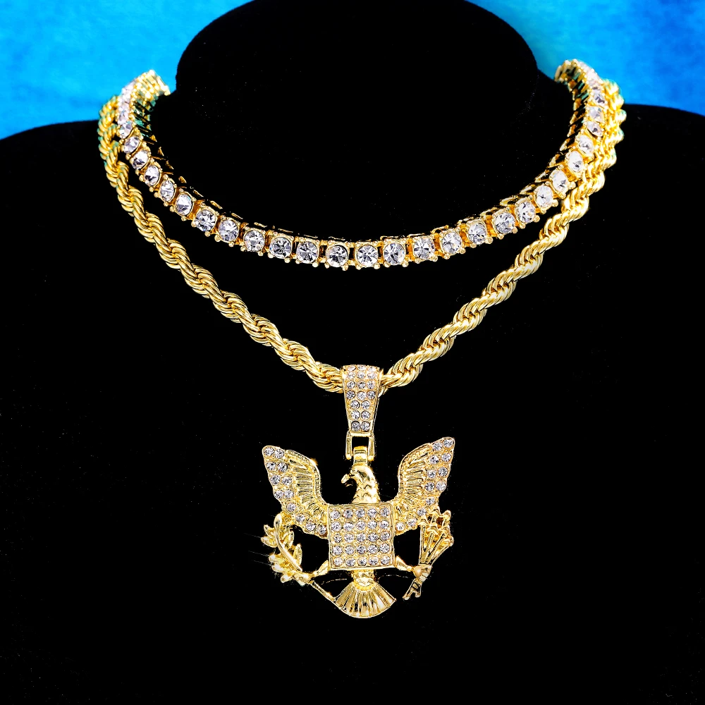 Full Rhinestone Eagle Pendant Necklace Match 4mm Rope Chain Shiny Ideal For Parties, And Daily Wear,As A Gift For Dating For Wom