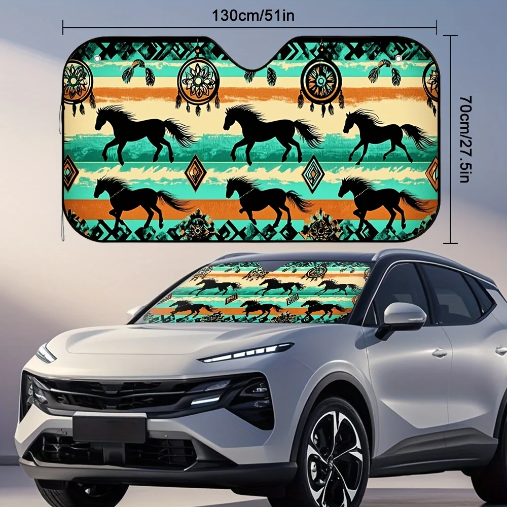 1pc Galloping Horses Harmony Car Sun Visor - Vibrant Teal, Orange & Black Design, Easy Installation, Sun-Blocking Windshield Cov