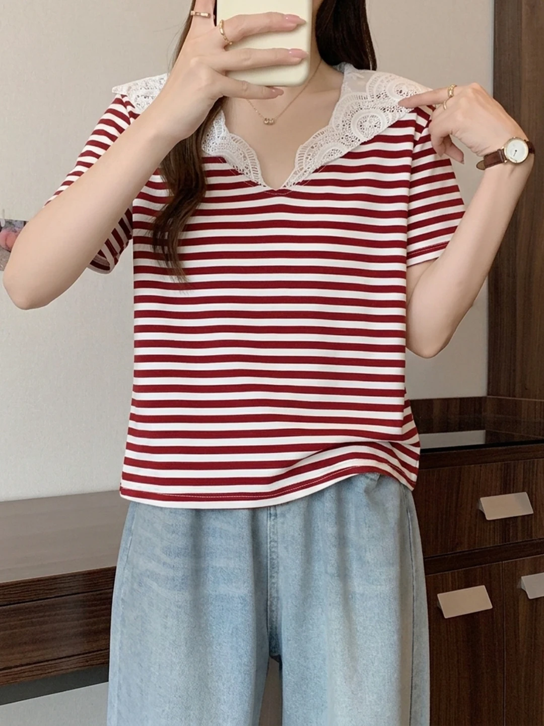 Camiseta de manga corta a rayas con capucha de encaje estilo coreano para mujer, nueva colección de verano, talla grande, hol...