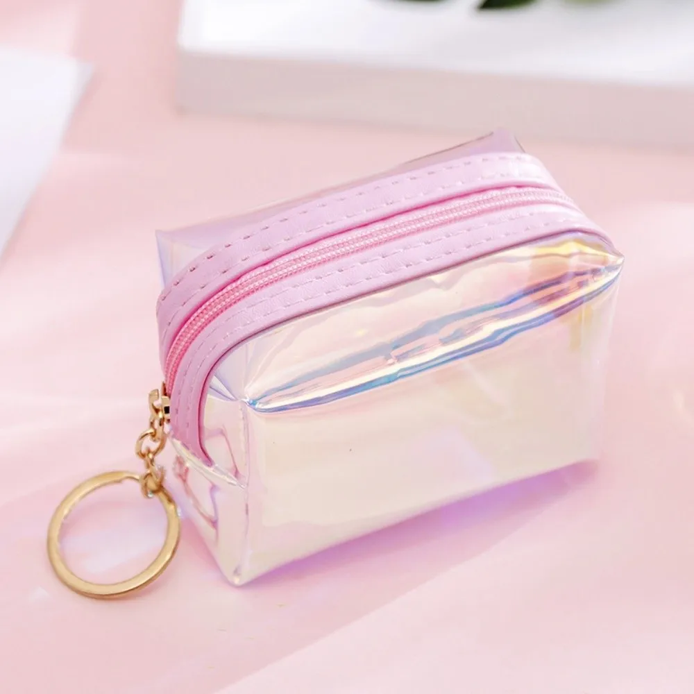 Kawaii Holographic Mini Coin Purse Pastel Color Waterproof Transparent PVC Wallet Zipper Portable Kawaii Pouch Daily Use