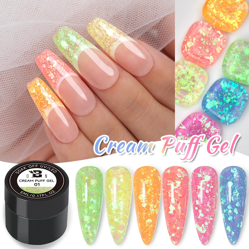 BOZLIN 5ml Neon Glitter Gel Laser Irregular Shaped Sequins Colorful Sparkling Cream Puff Nail Enamel Long Lasting Time Nail Art