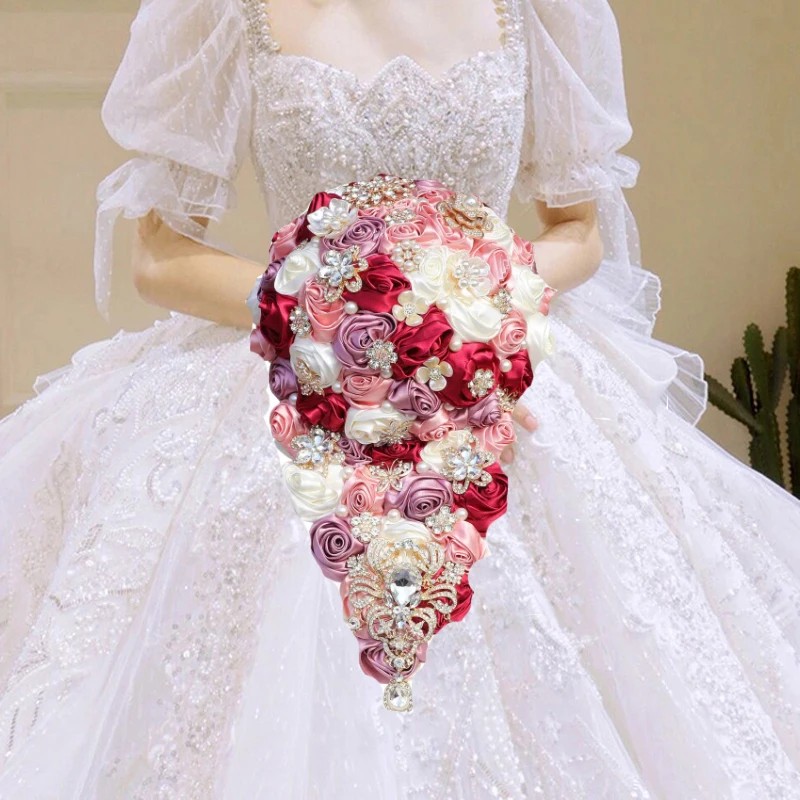 Bridal And Bridesmaid Waterfall Bouquets Exquisite Rhinestones Silk Roses And Pearls Handmade Sisters Wedding Bouquets