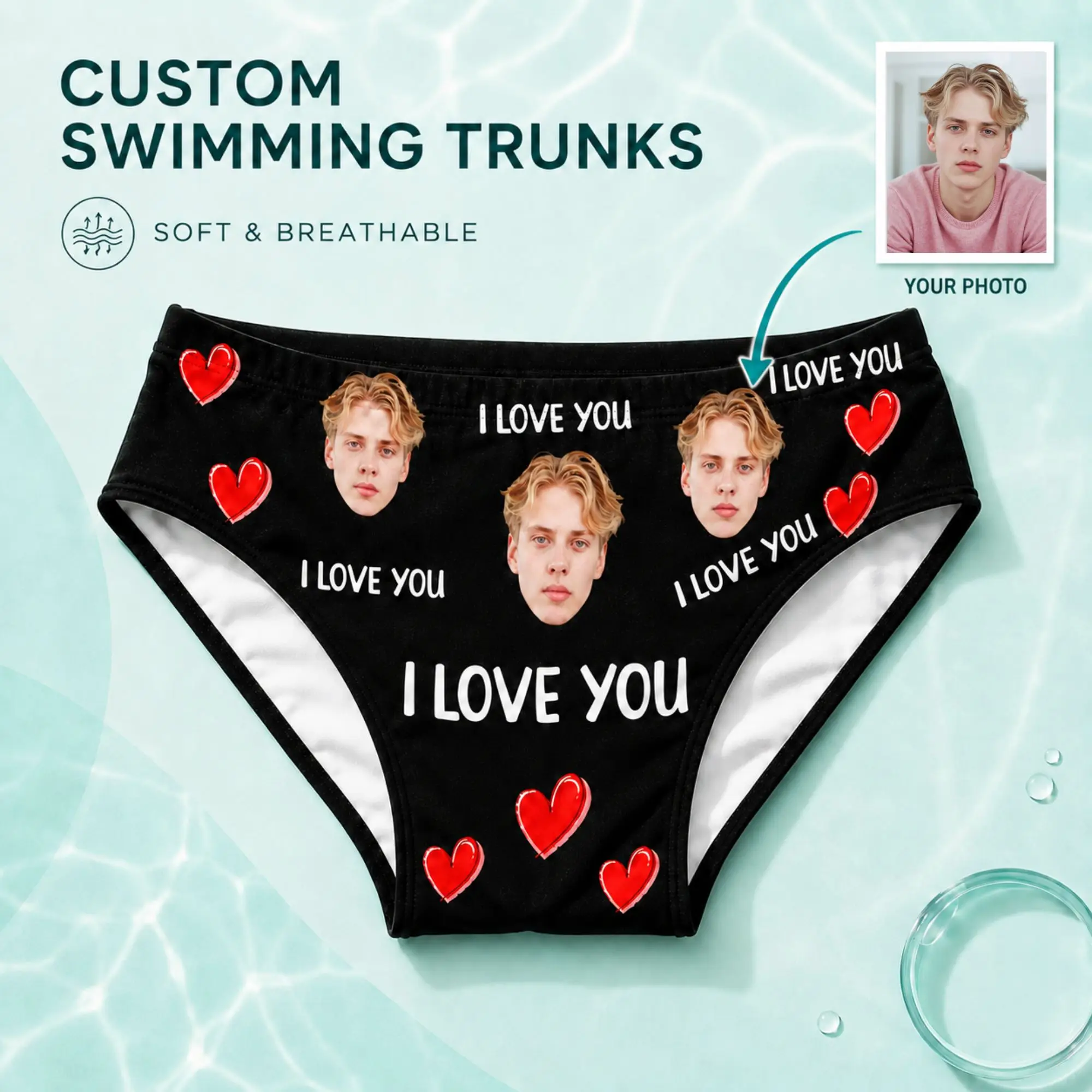 Romantic Custom Funny Love Photo Print Men's Swimming Trunks Sea Surf Short Softs Comfotable DIY Sweet Love Memory Gifts