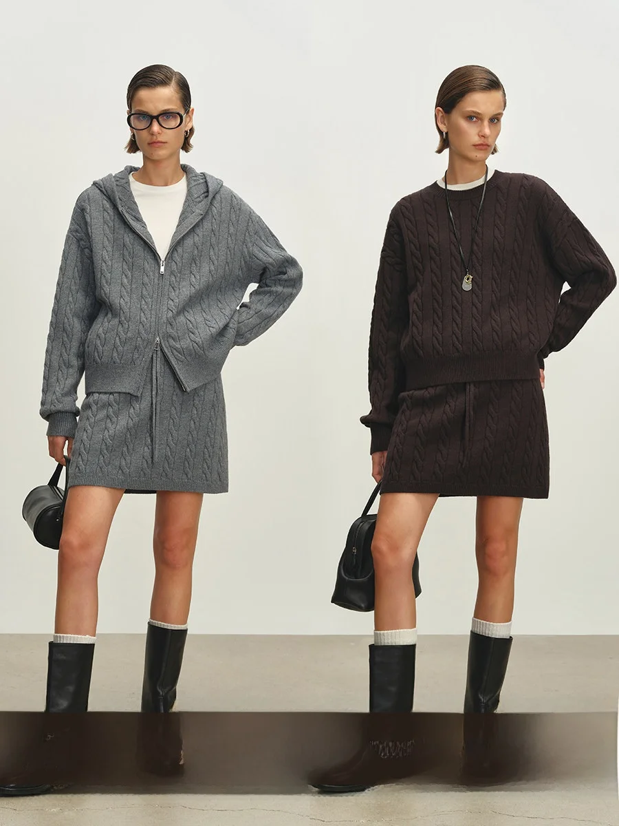 

MSBEAST Thiened Soft 00 Wool Vintage Tassel round Ne Hooded Zipper Sweater or Skirt Pants Women's Winter Knittedwear