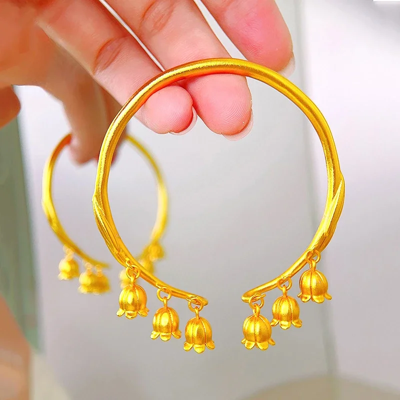 

Pure 24K Gold Color Linglan Flower Bracelet for Women Bride Fashion Live Open Glossy Gold Bracelet Bangles Jewelry Birthday Gift