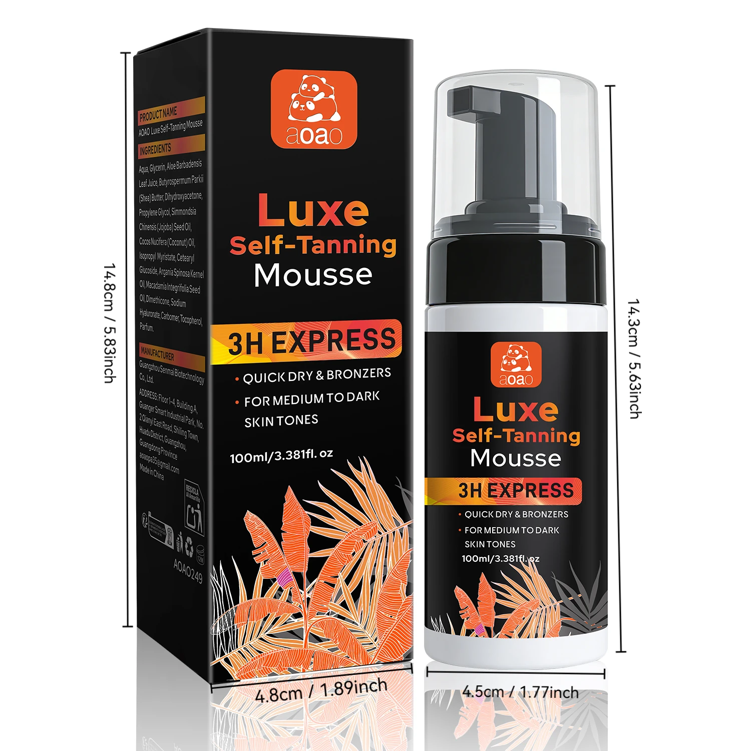 The tanning mousse has a light and fine texture that is easy to spread, provides even color application, and dries quickly.