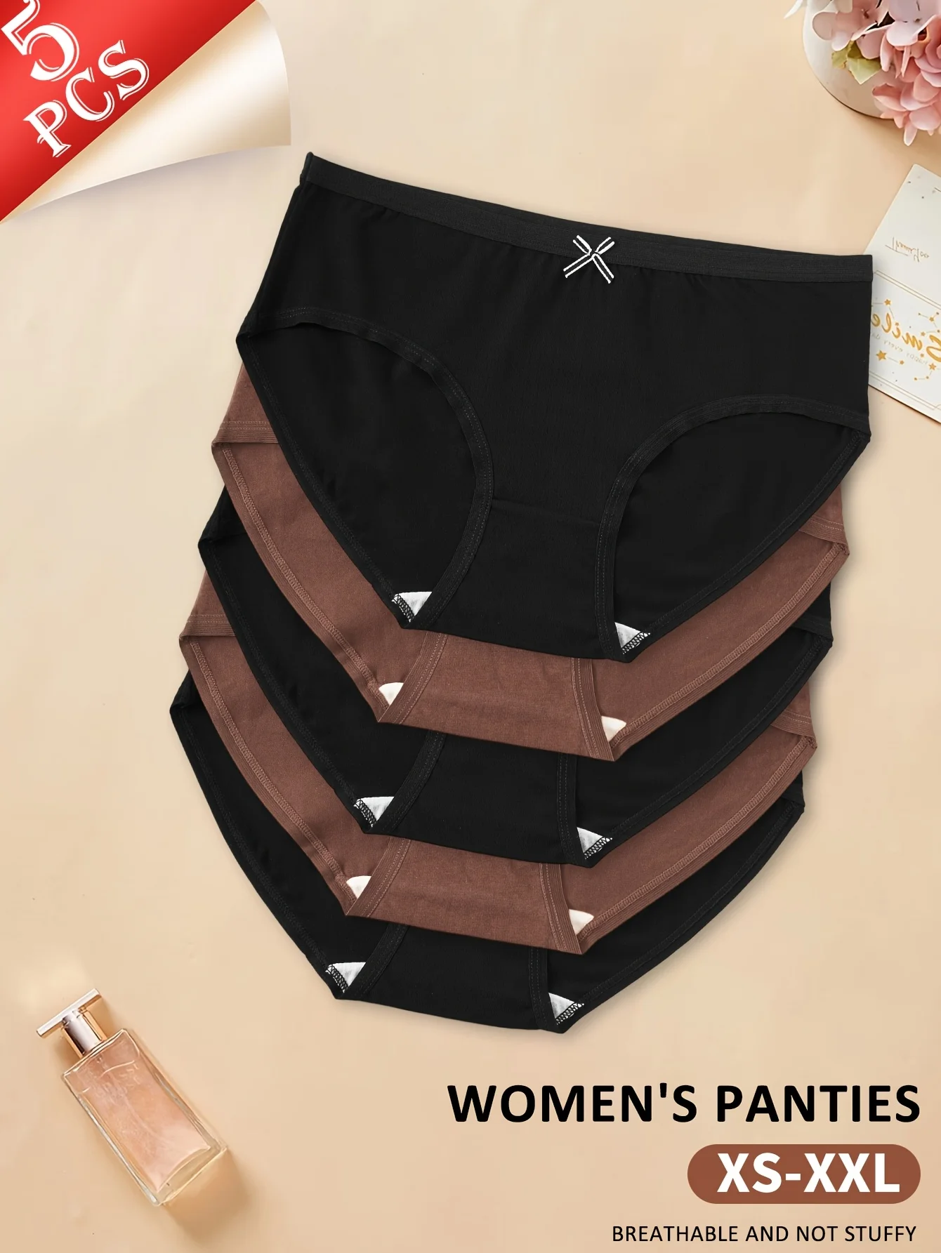 5pcs Simple Women's Panties Low Waist Briefs Breathable Comfortable Solid Color Underwear with Bow Detail Everyday XS-XXL