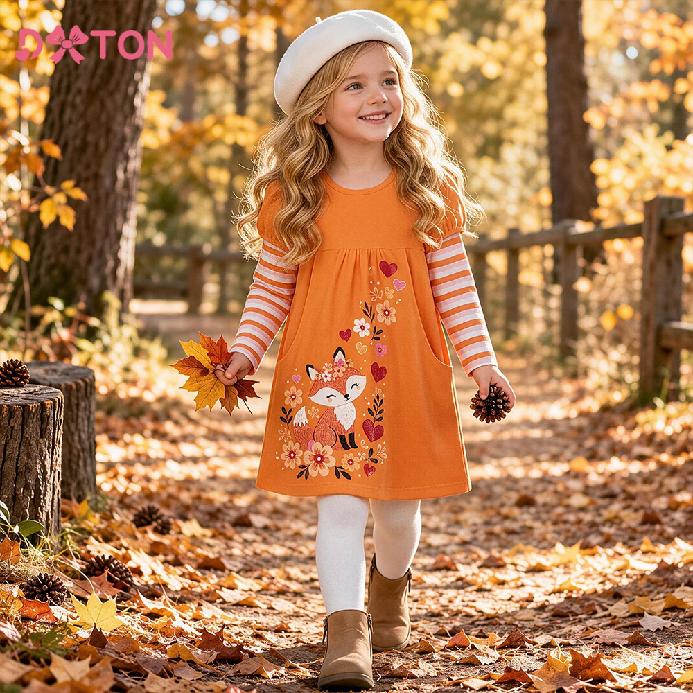 DXTON Girls Autumn Dress Fox Floral Heart Print Baby Kids Fake Two Clothing Cotton Striped Children Casual Dresses with Pockets
