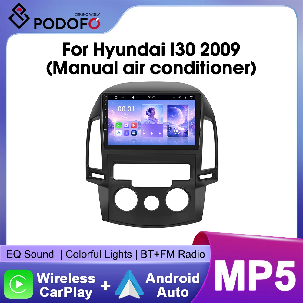 Autoradio stereo Podofo da 9 pollici per Hyundai I30 2009 (con climatizzatore manuale), dotata di CarPlay wireless, Android Auto, Bluetooth, Mirrorlink e lettore multimediale video.