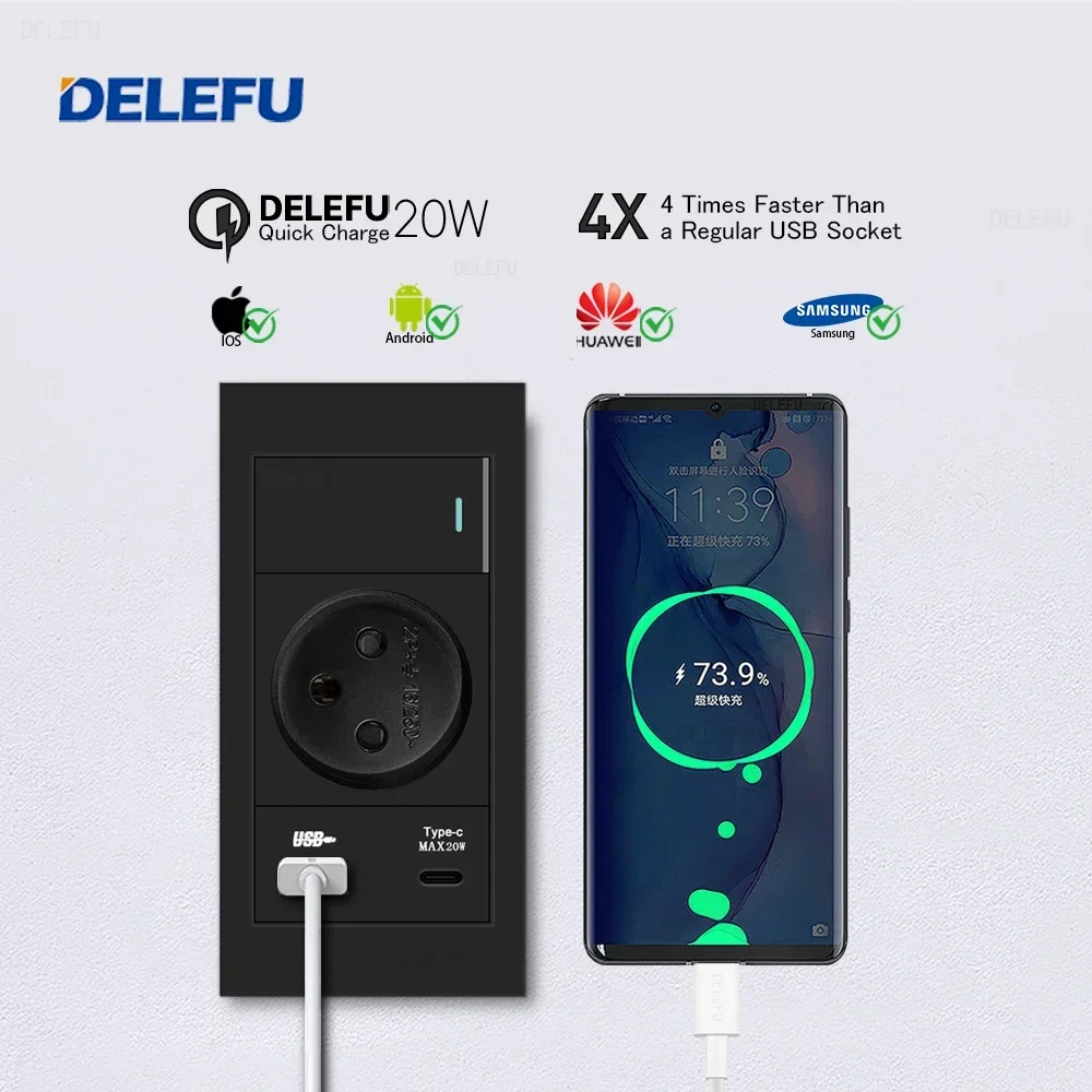 DELEFU Flame Retardant SC31 Panel 145mm Black Israeli Standard USB Type C Fast Charging Wall Socket Switch TV Tel CAT5 CAT6