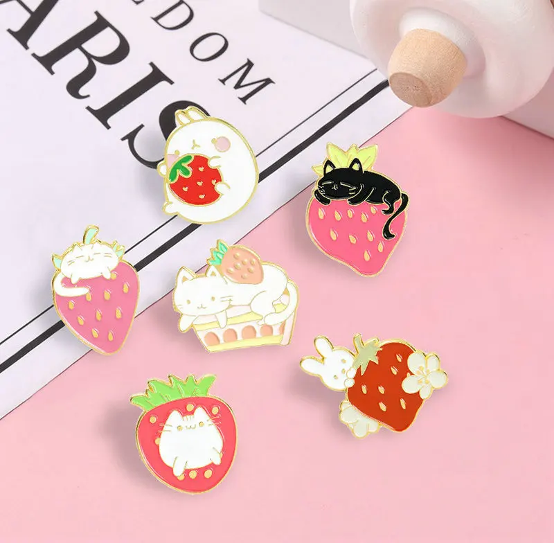 Sweet Strawberry Garden Enamel Pins Custom Cat Bunny Fruit Cake Brooches Shirt Lapel Badge Bag Cartoon Jewelry Gift for Kids