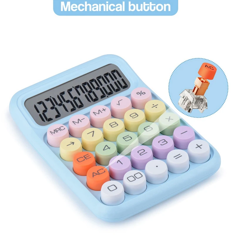 Mechanical Pushbutton Calculator, 12 Digit LCD Display, Big Buttons Easy To Press, Colorful Candy Calculator