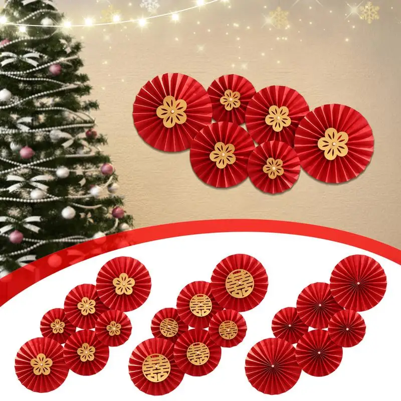 6pcs Red Hanging Paper Fan Chinese New Year Wedding Paper Fans Set Flower Paper Craft Flower Backdrops Decorations