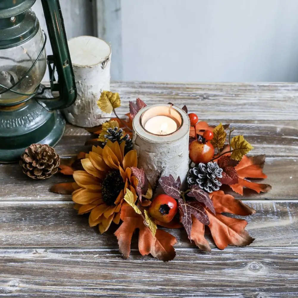 Maple Leaf Wreath Fall Pomegranate Candle Wreath with Maple Leaf Garland Sunflower Pinecone Ring for Thanksgiving for Wedding