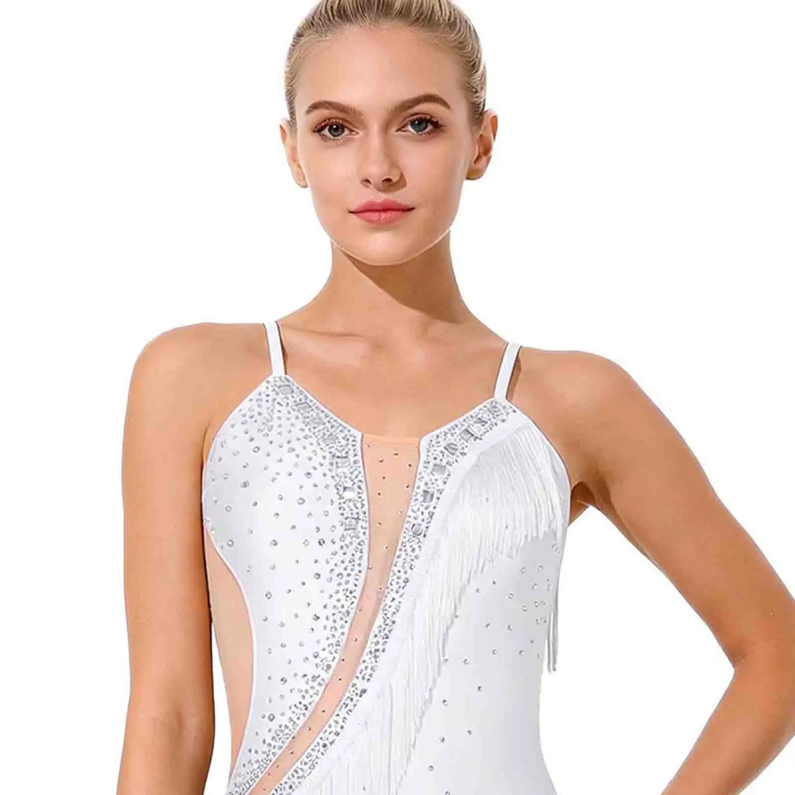 

Women Lyrical Sequins Latin Cha-cha Waltz Dance Fringed Bodysuit Sheer Stretchy Figure Skating Tango Cha-cha Stage Dance Leotard